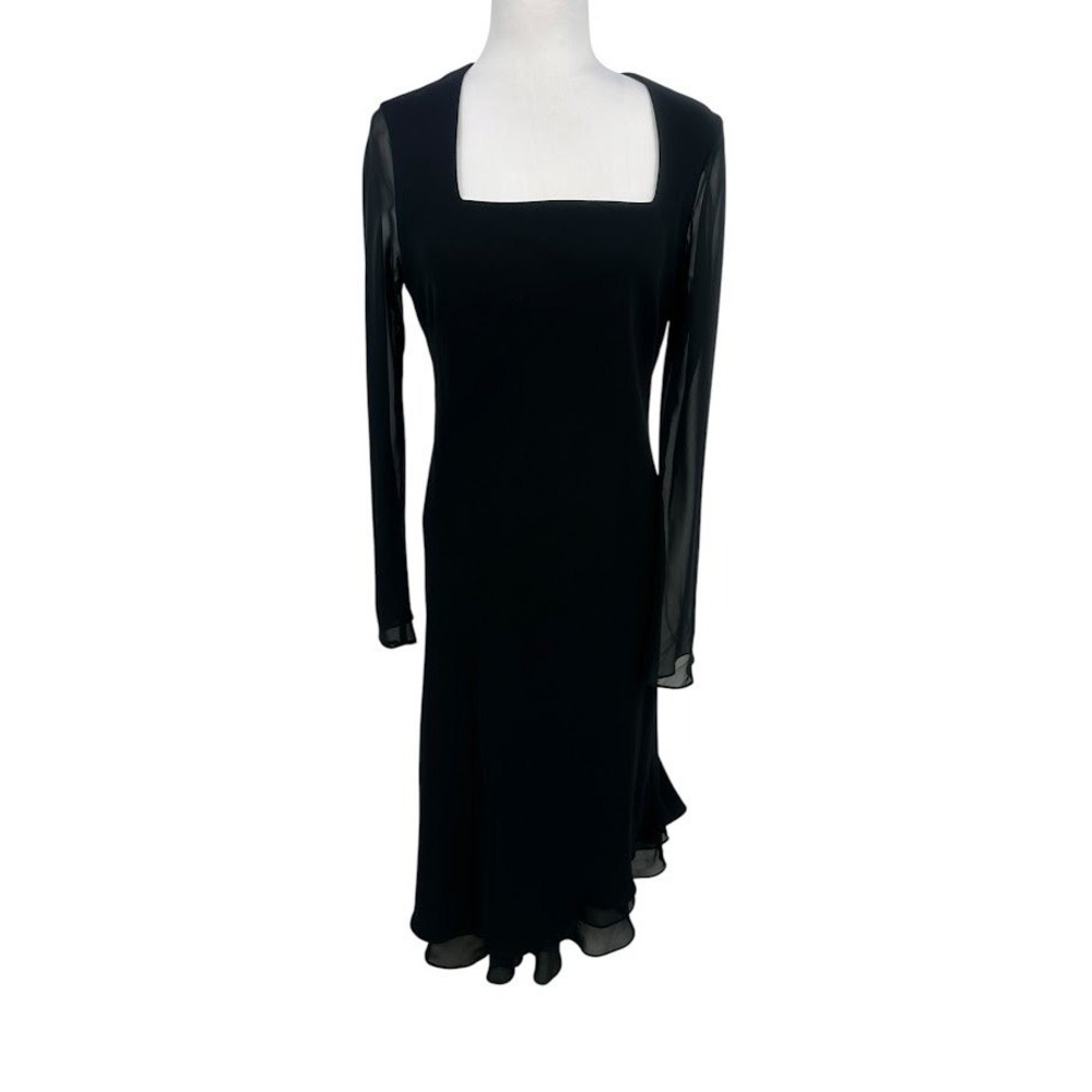 Evan Picone Black Midi Dress 12 Sheer Sleeve Asymmetrical Hem Y2K Cocktail LBD